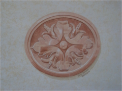 Rosa-Rote Blumenrosette, schraffiert, auf Marmorierung gemalt